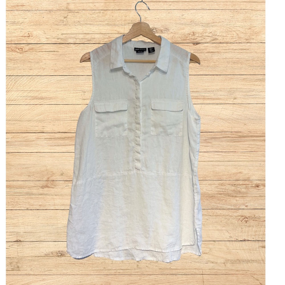 Jones New York White Linen Sleeveless Summer Resort-wear  Blouse L Button